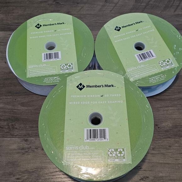 Members Mark Ribbon 50 Yards Wired Spring 1.5" 2.5" 3 Set Blue Truck Polka Dot - Picture 7 of 8